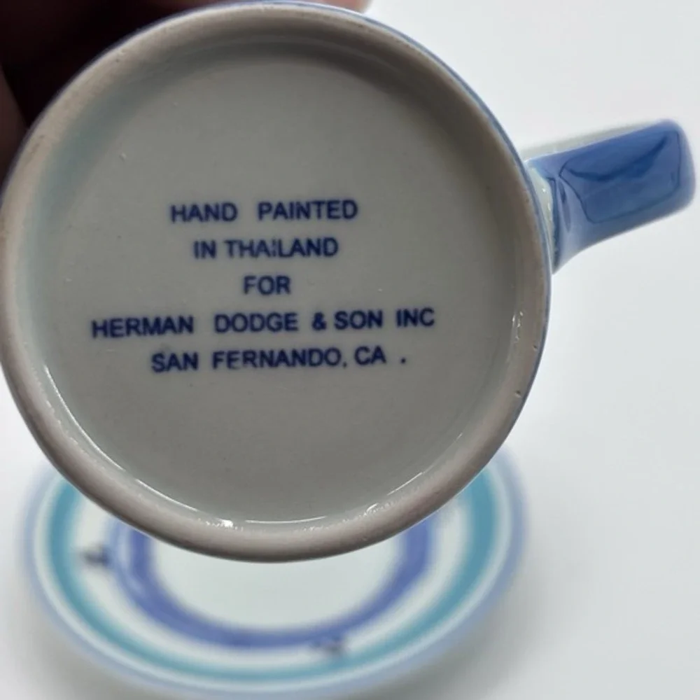 Vintage Herman Dodge Hand Painted Espresso‎ Cup & Saucer Blue Turquoise Thailand